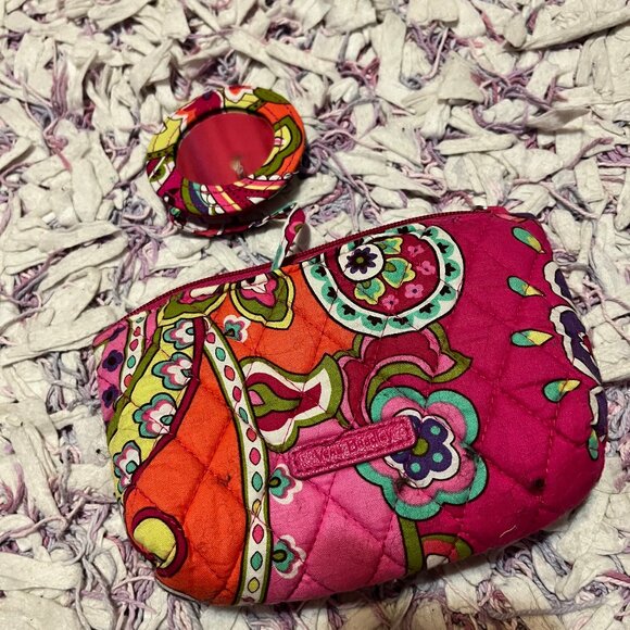 Vera Bradley Bag Wallet Cosmetic Case With Mirror Attached Pink Pattern Like New - Picture 1 of 10